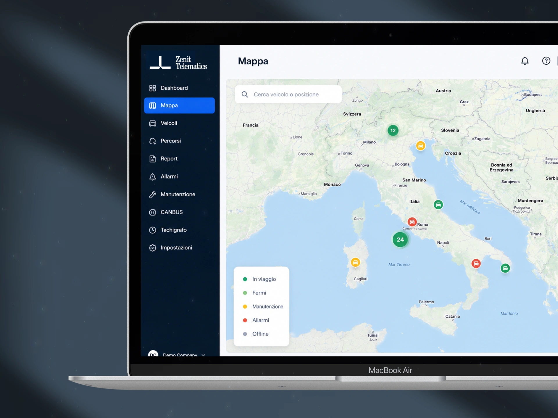 Schermata Zenit con la mappa operativa e lo stato dei mezzi